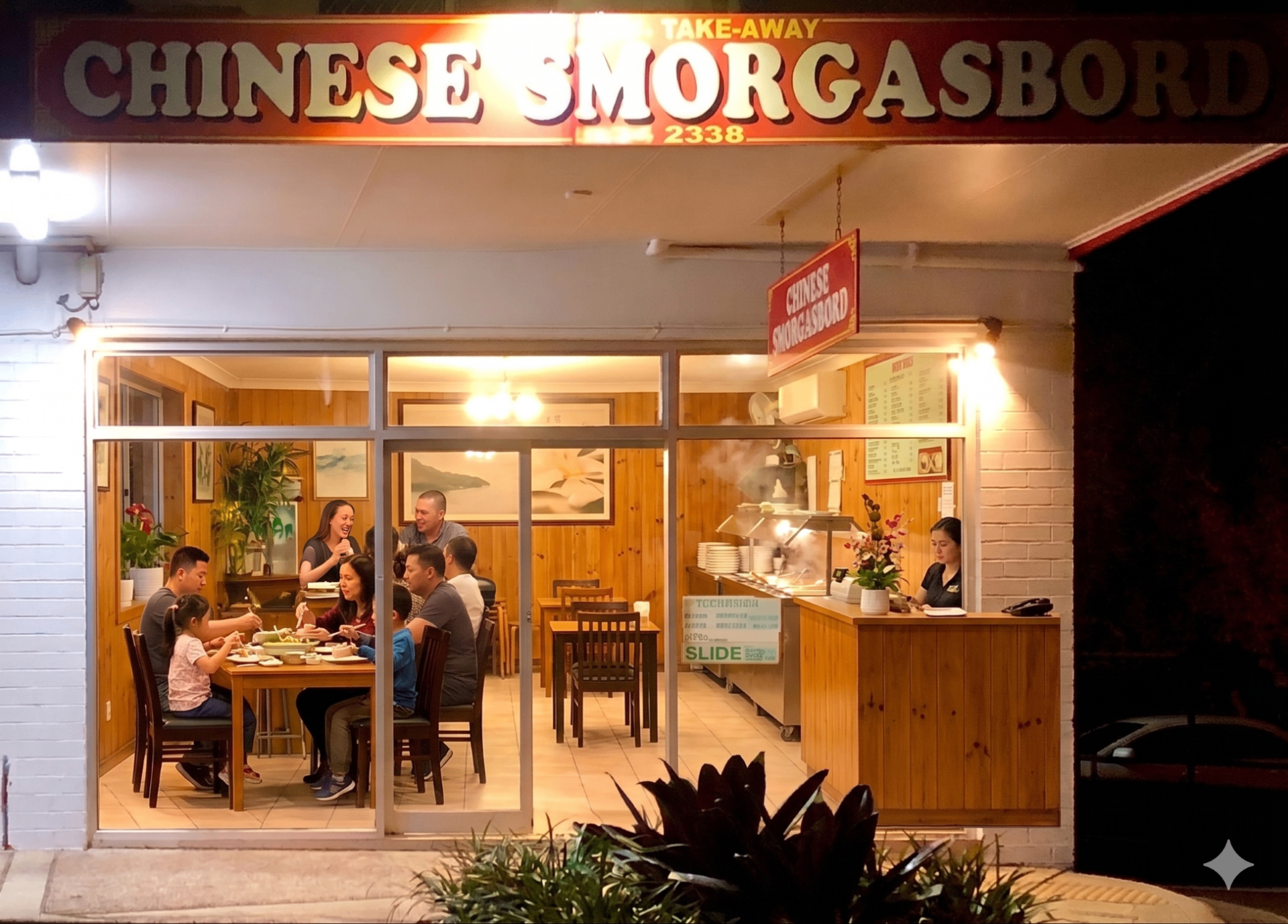 Chinese Smorgasbord take-away shop front in Palm Beach at night, with diners inside